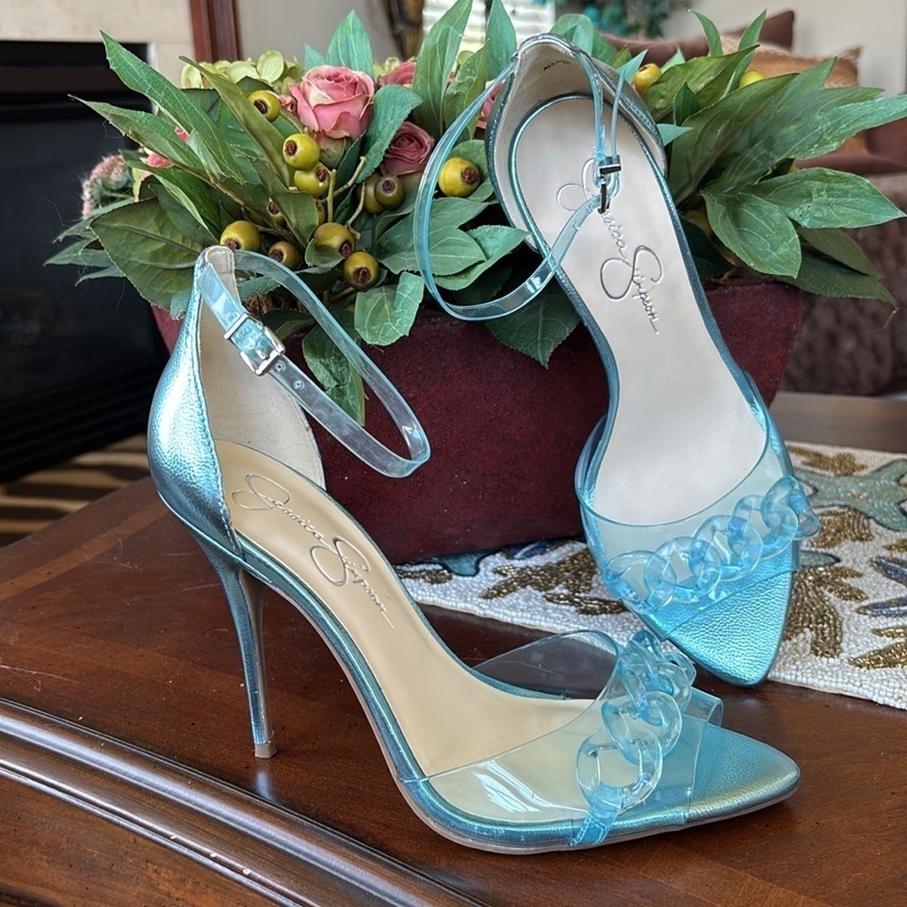 Brand New Jessica Simpson Wayri Stiletto Heels Sandals Lucite Chainlink Blue